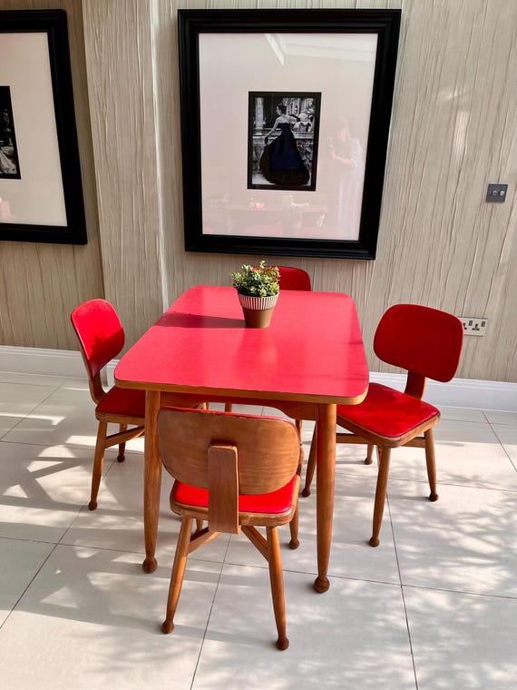 Retro Red Formica Dining Set – Table & 4 Chairs, 1950s Yugoslavia