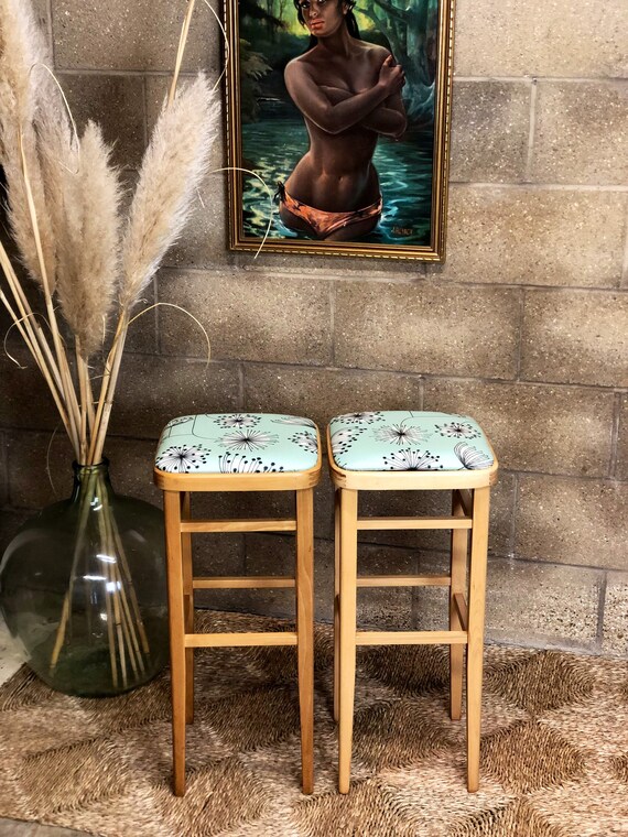 Two Tall Stools Newly Upholstered in a Dandelion Print Oilcloth
