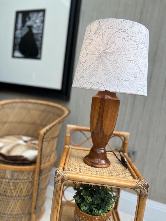 Vintage Mid Century Sculptural Wooden Table Lamp with Botanical Shade
