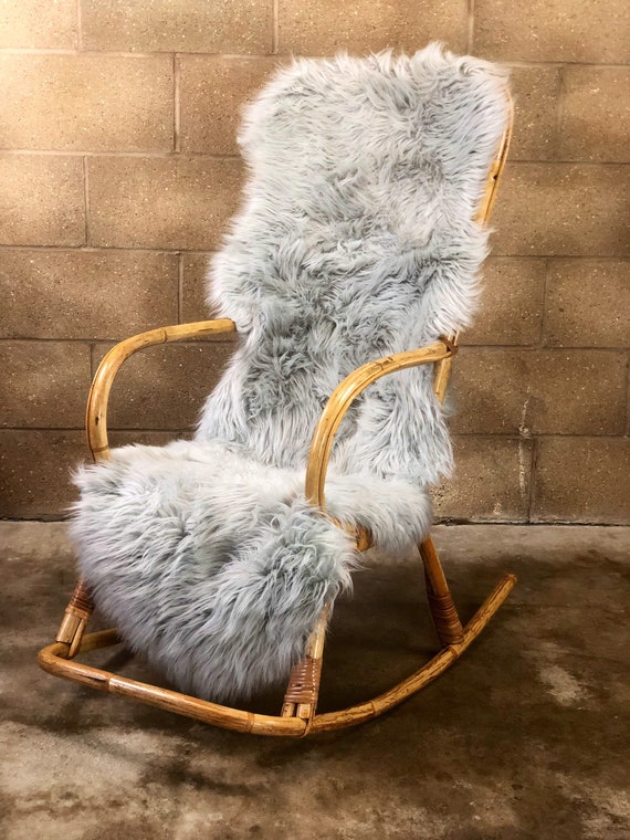 Retro Rocker in Blond Bamboo with Two Faux Grey Sheepskins