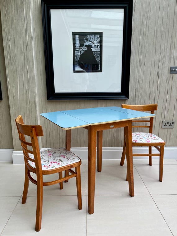 Vintage GUNTON Blue Formica Drop-Leaf Table | 1960s Mid-Century Kitchen / Dining Table