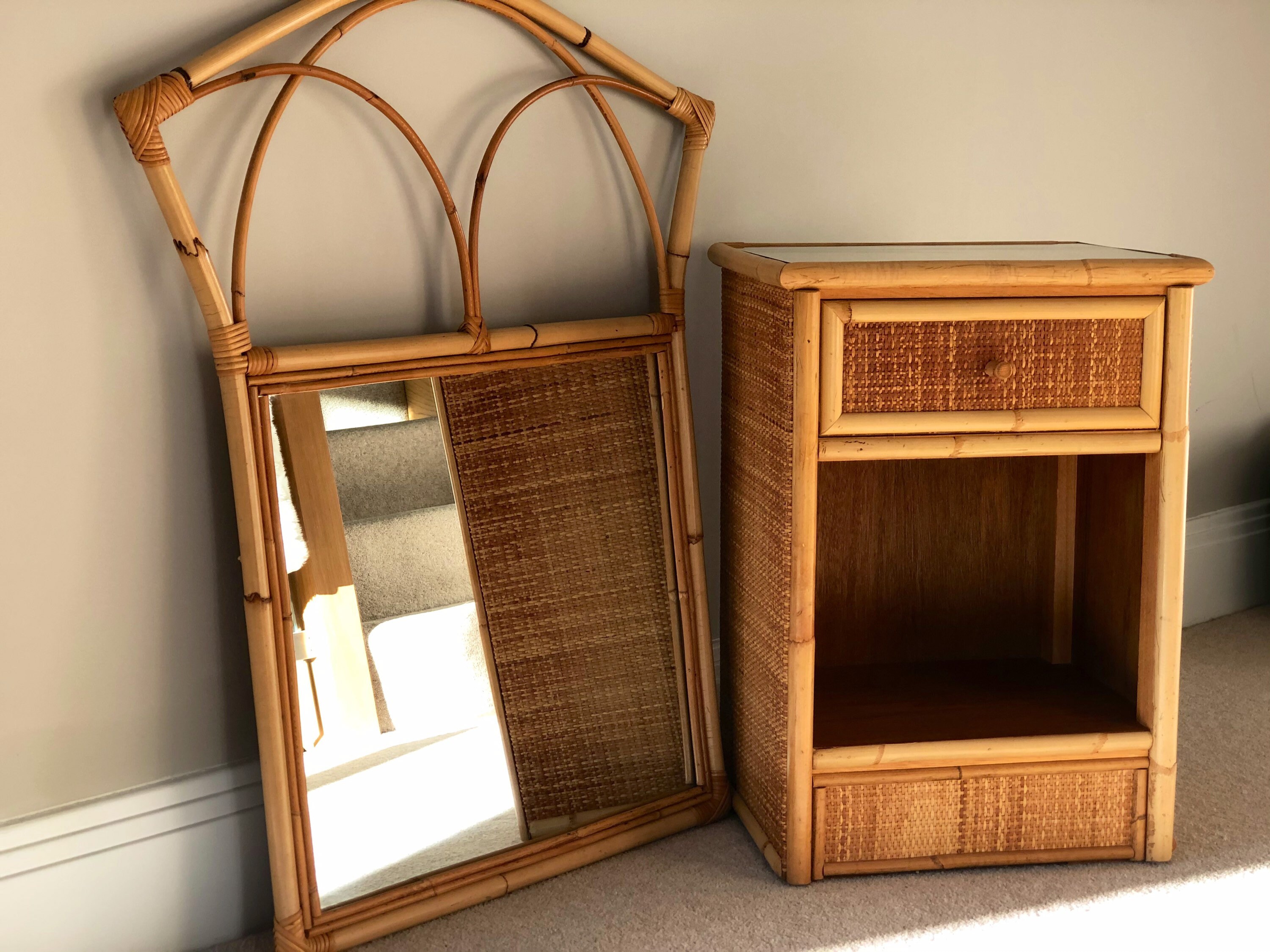 Vintage Bamboo Bedside Storage Cabinet with Drawer