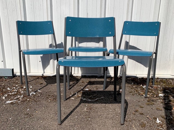 Sixties Set of Four Blue Stacking Chairs