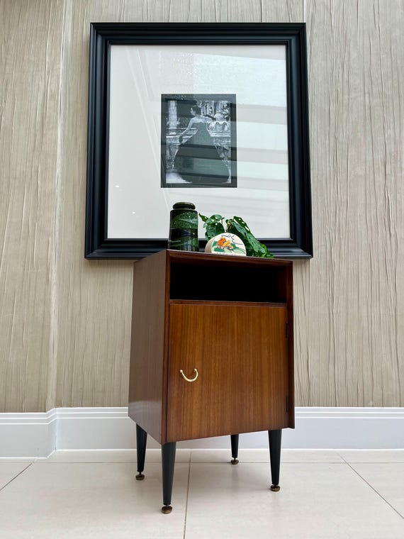 Vintage G-Plan Style Librenza Bedside / Lamp Cupboard – Tola & Teak, Black Legs, Brass Details (1960s–70s)