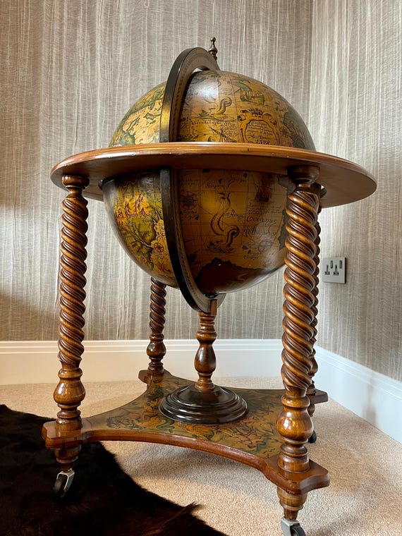Vintage Italian Style Globe Cocktail Bar circa 1970s with Barley Twist Stand and Original Ice Bucket