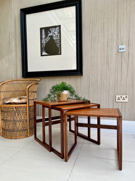 Rare 1960s G Plan Quadrille Chequered Teak Nest of Three Tables