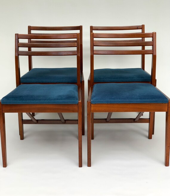 Danish MCM Set of 4 Teak Chairs 1970s with Blue Upholstered Seat Pad