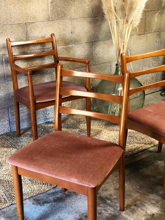 A Set of 3 Vintage Danish Style Mid Century Chairs with Soft Dusky Pink Seat
