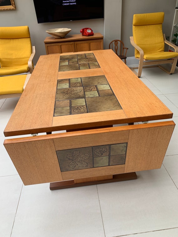 MCM Gangso Mobler Teak & Botanical Tiled Extending Dining Table.