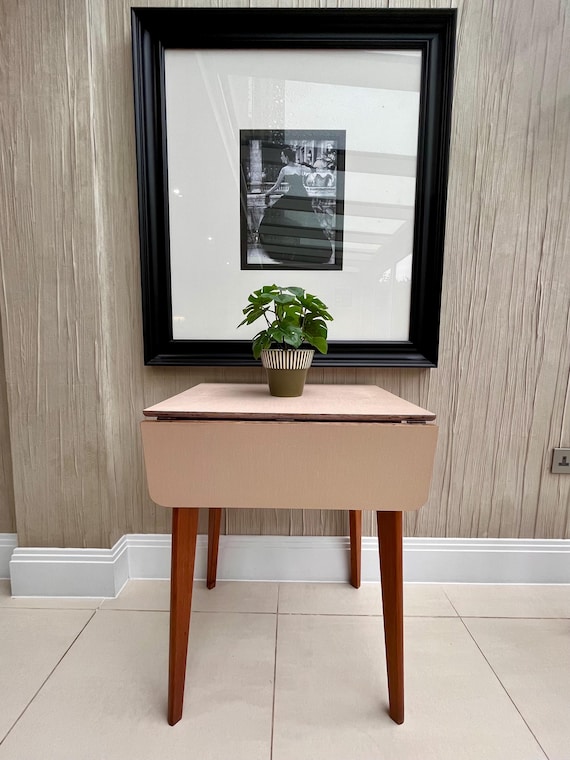 Mid-Century Drop-Leaf Formica Table – Linen-Textured Top with Beech Legs