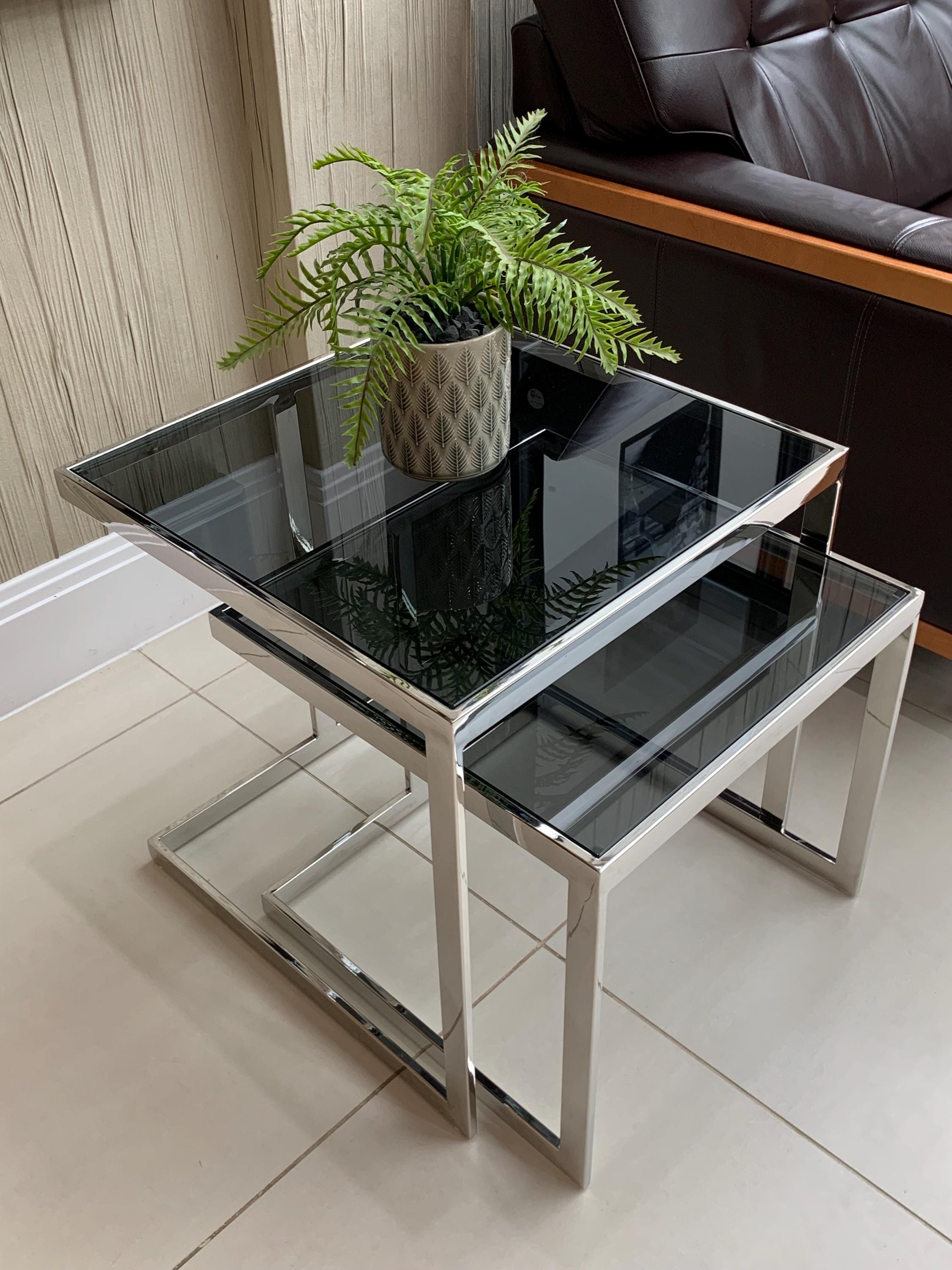 Retro Nest of Two Chrome Smoked Glass Coffee Tables