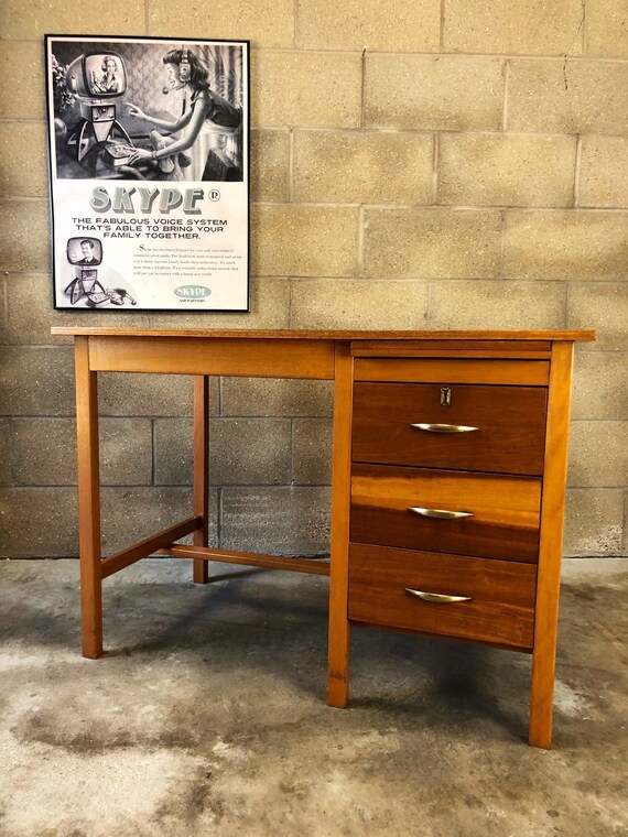 Wooden Mid Century Desk with Three Drawers and Extending Shelf