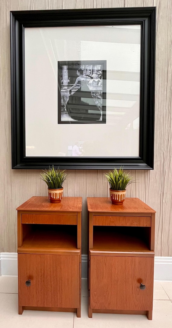 MCM Teak Bedside Cabinets with Drawer and Cupboard Storage – Left & Right Opening Doors