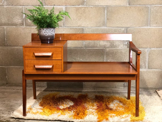 60s Chippy Heath Teak Telephone Table Bench with Drawers