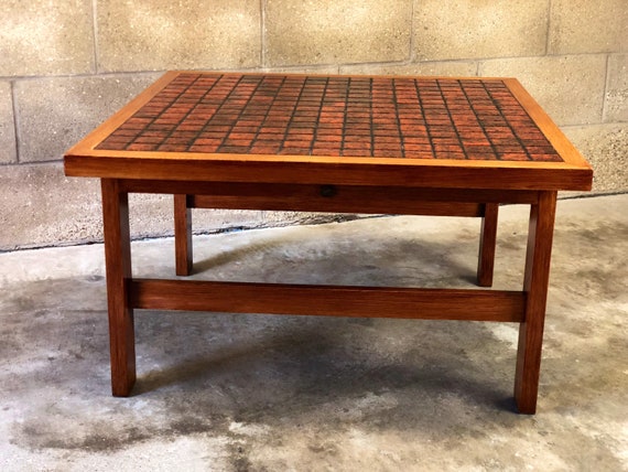 Danish Style Modern Mottled Fire Red Orange Tile Top Square Coffee Table 70s