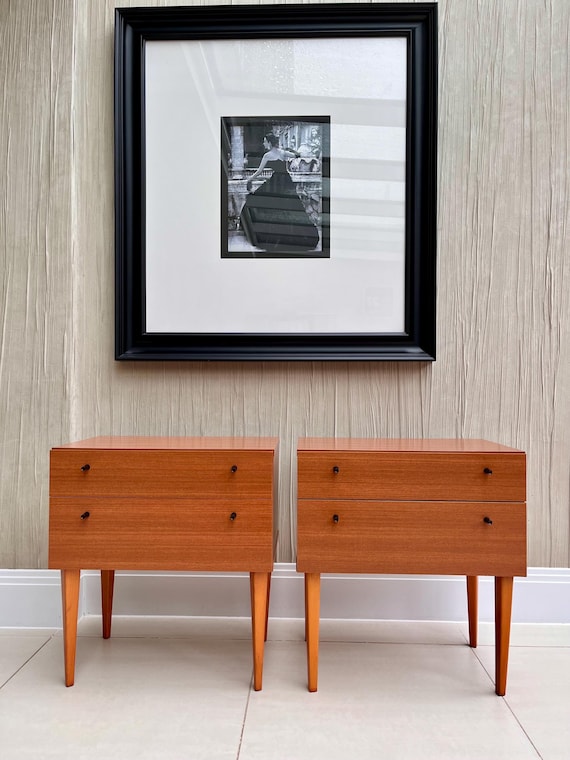 Pair of Vintage Mid-Century Modern Bedside Tables by 3K Möbel | Teak Finish, Brass Hinges, Stamped & Labeled | 1960s/70s German Design