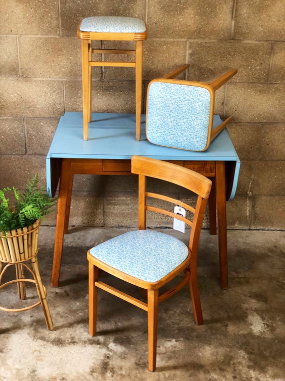 Vintage Retro Kitchen Dining Set - Table, Two Stools and Chair. Re-upholstered in “Patsy Ditsy” by DORMA.