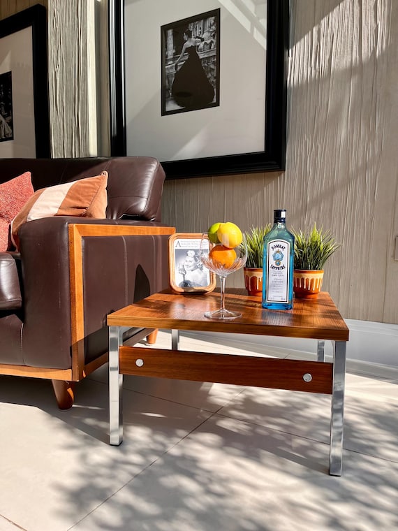 Vintage PROJECT Chrome & Teak Side Table | Industrial Mid-Century Modern Style | Merrow Associates Era