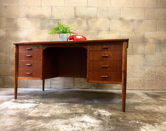 Vintage Danish Freestanding Office Desk with 8 Drawers and Rear Shelving