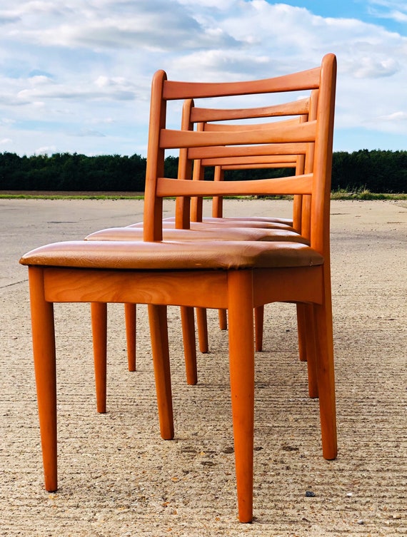Four Schreiber Dining Chairs with Original Tan Leatherette - Vintage 70s /80s