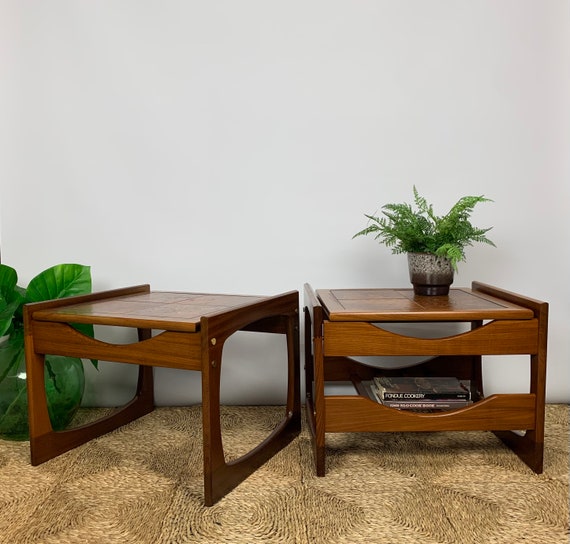 A Pair of Danish Tiled Top Coffee/End/Plant Tables with Magazine Rack