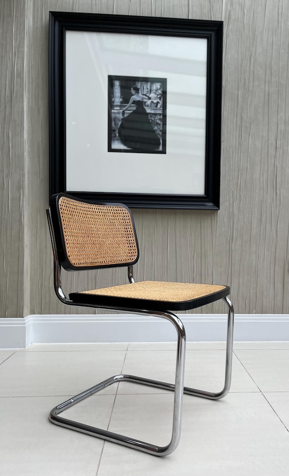 Vintage 1980s Cesca Cane Black and Chrome Cantilever Desk Chair After Marcel Breuer
