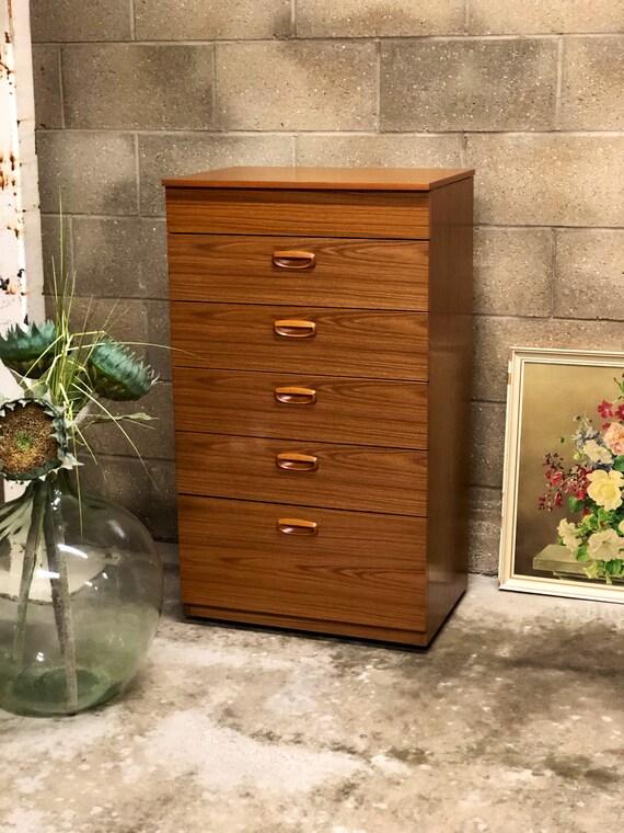 Vintage Schreiber Teak Effect Five Drawer Chest Of Drawers Etsy