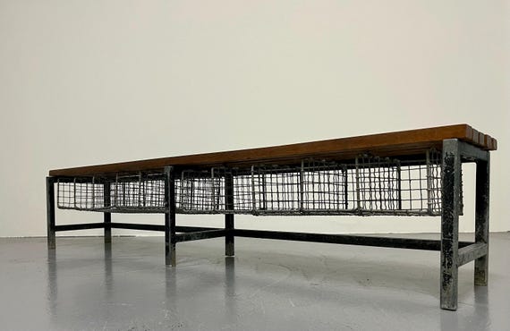 Vintage Wooden Bench with Metal Storage Underneath – Rustic Hallway, Bootroom Seating