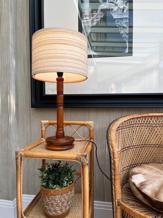 Vintage Mid Century Turned Wood Table Lamp with Original Woven Shade