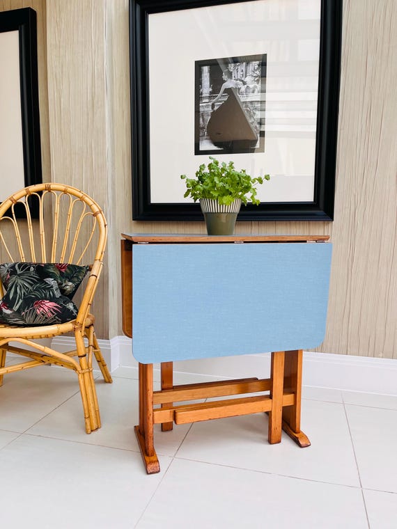 Vintage Blue Formica Folding Kitchen Table – Mid-Century Compact Drop-Leaf Design