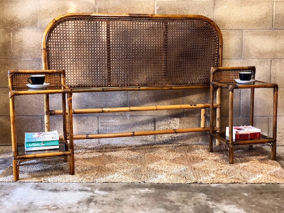 A Pair of Bamboo Smoked Glass Bedside Tables with Headboard