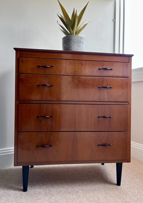 Vintage Lebus Four Drawer Chest of Drawers Original Label Mid Century Modern British Design with Original Swan Neck Handles