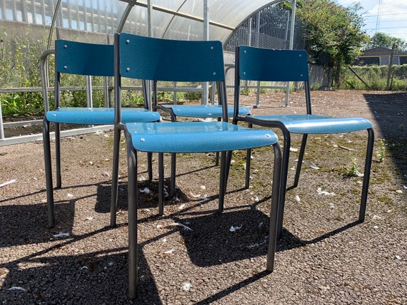 Set of 4 Vintage Stacking School Chairs | 1960s Blue Plywood Dining Chairs | Industrial Style Seating