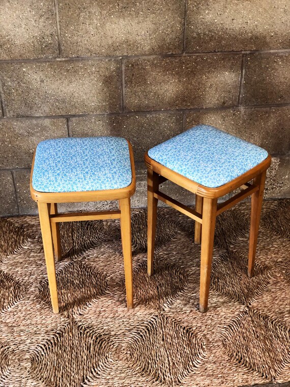 A Pair of Vintage Stools Newly Upholstered in Oilcloth Patsy Ditsy by DORMA