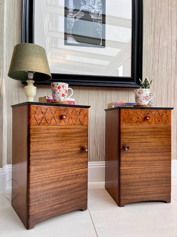 Mid-Century Bedside Cabinets – Zig-Zag Drawer Fronts Teak & Tola Veneers Attributed to Uniflex Compact Vintage Pair