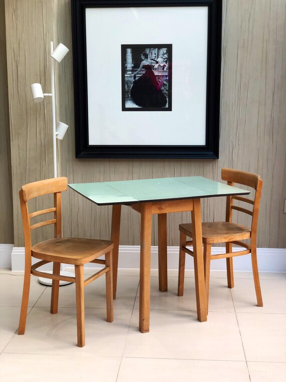 Vintage Aqua Blue Formica Folding Table and Two Chairs