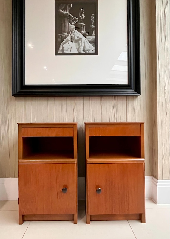 MCM Teak Bedside Cabinets with Drawer and Cupboard Storage – Left & Right Opening Doors