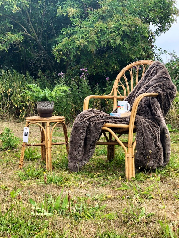 Vintage Boho/Tiki Bamboo Chair with Stool/Plant Stand