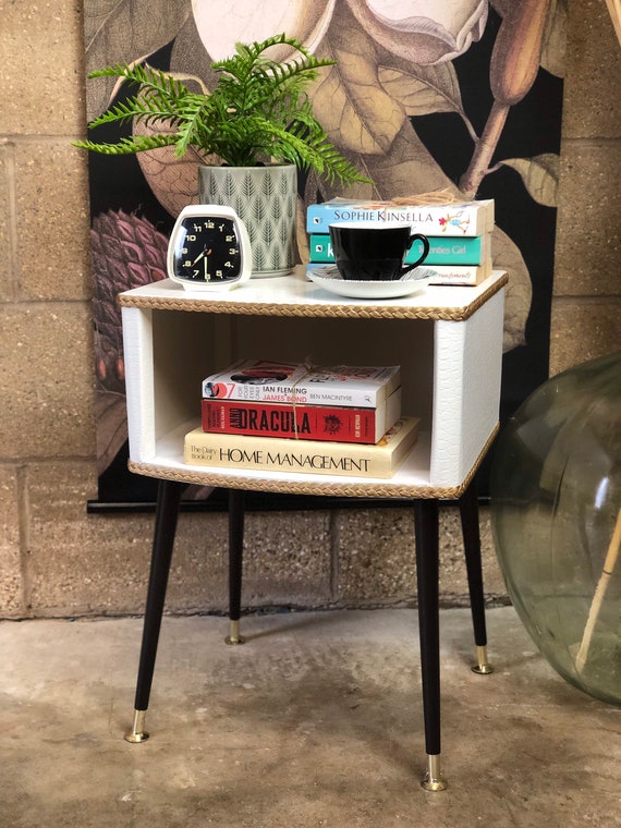 A White Mock Croc Bedside End Table with Shelf on Black Dansette Legs