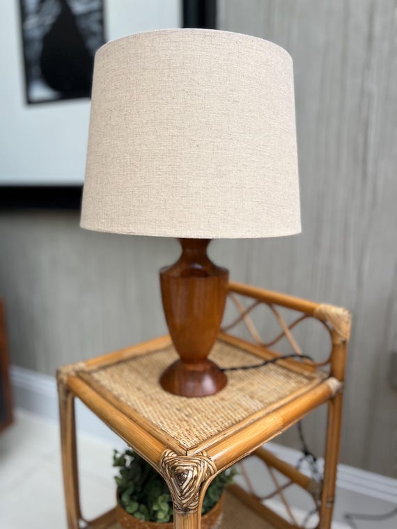 Vintage Mid Century Sculptural Teak Style Table Lamp with Textured Shade