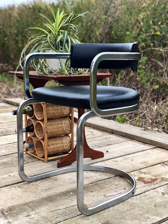 Chrome and Black Leather Mid Century Desk Office Chair