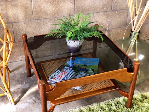 MCM Guy Rogers Floating Smoked Glass Square Coffee Table with Cane Magazine Rack