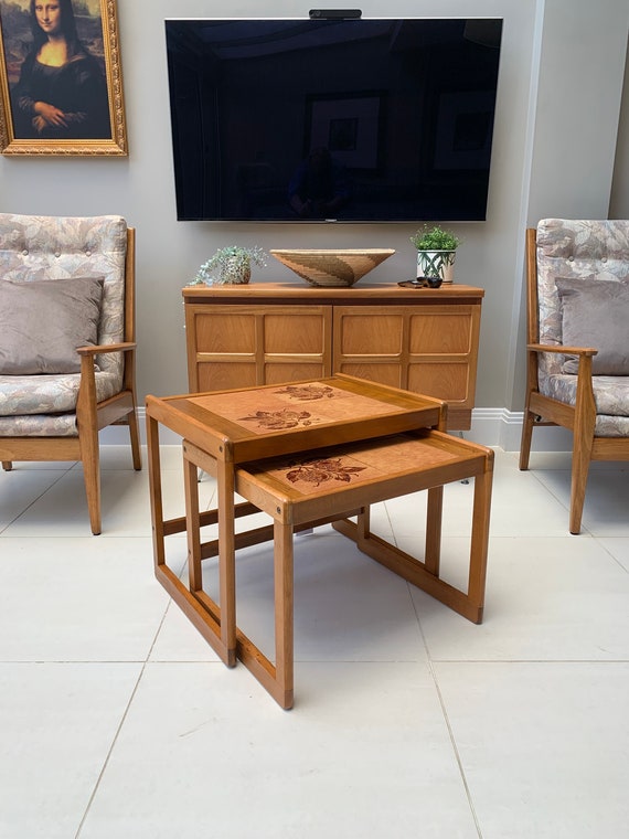 Teak Mid Century Danish Style Nest of Two Tiled Top Tables