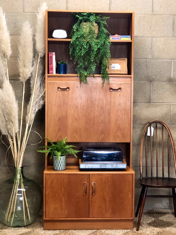 Illuminated 70s G Plan Media Cabinet with Pull Down Cocktail Cupboard and Shelves