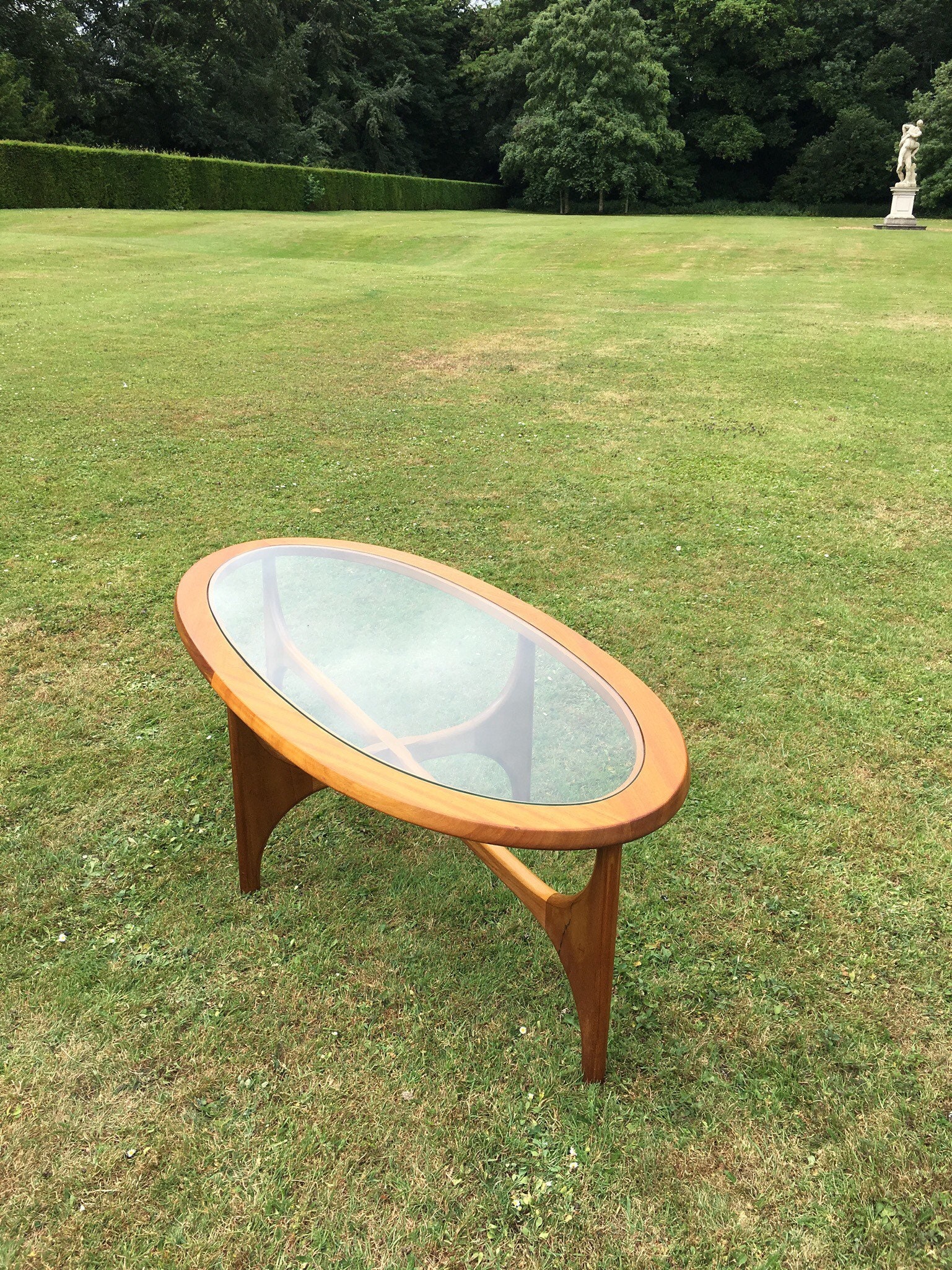 Vintage 1960s large oval teak & glass coffee table