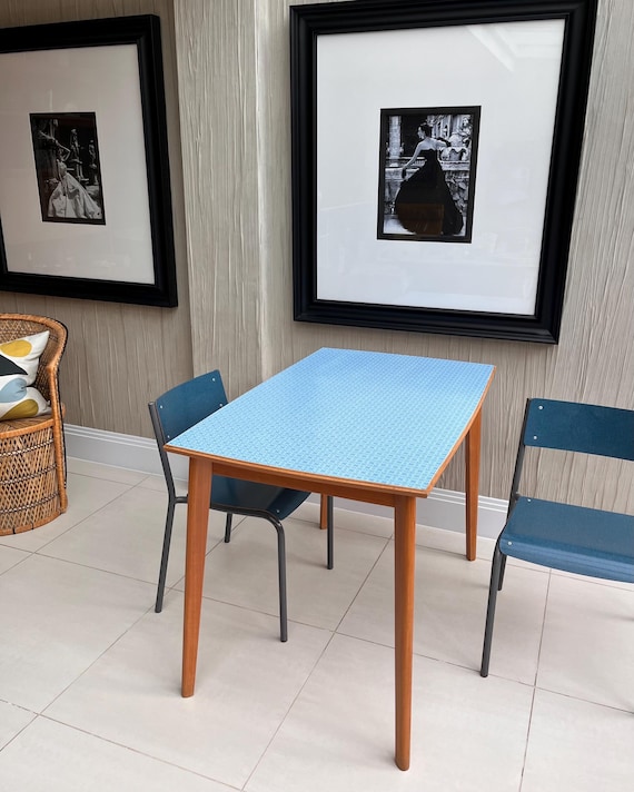 1960s Mid-Century Blue Formica Dining Table – Lace Geometric Pattern | Seats 4 | Beech Legs