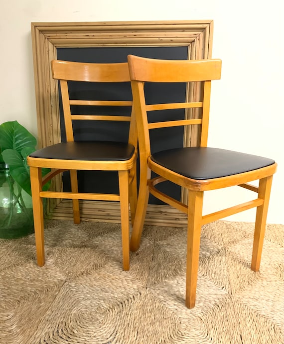 A Pair of Newly Upholstered Quitmann Retro Kitchen Dining Chairs in Black Vinyl