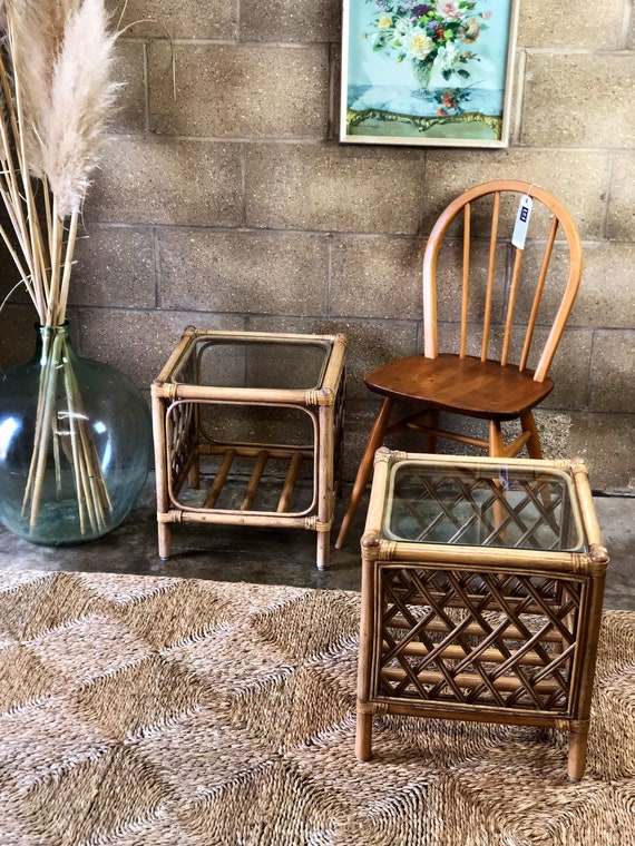 A Pair of Bamboo Side Tables with Glass Tops and Magazine Rack