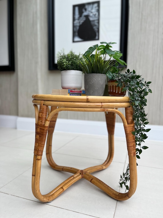 Angraves Bamboo & Textured Glass Coffee Table — 1970s British Cane Design