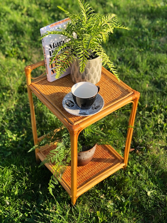 Petite Mid-Century Style Bamboo & Rattan Two-Tier End / Bedside Table Plant Display Shelves